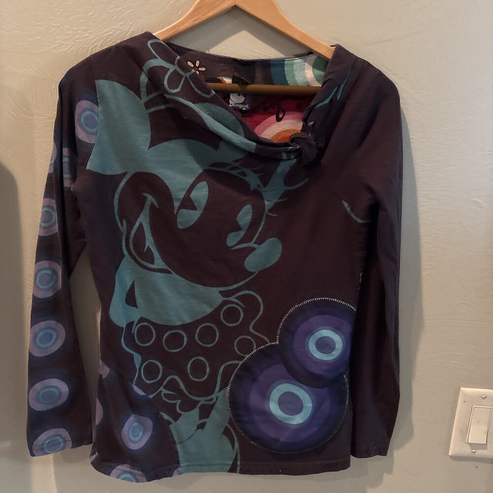 Desigual Womens Long Sleeve Top Graphic Print Knit Colorful Shirt Size S